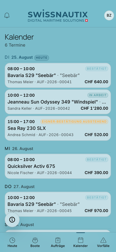Smart Scheduling in the app: calendar with a booked launching slot and real-time boatyard capacity